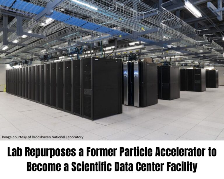 A spacious room filled with rows of black server racks and overhead cable trays, showing a transformed scientific facility now serving as a modern data center.