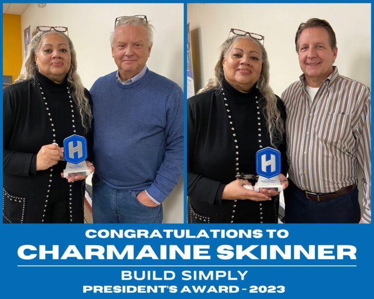 Two photos show Charmaine Skinner holding a hexagonal award. In one image, she stands with an older man in a blue sweater; in the other, with a man in a striped shirt. Text congratulates Charmaine for winning the President’s Award 2023.