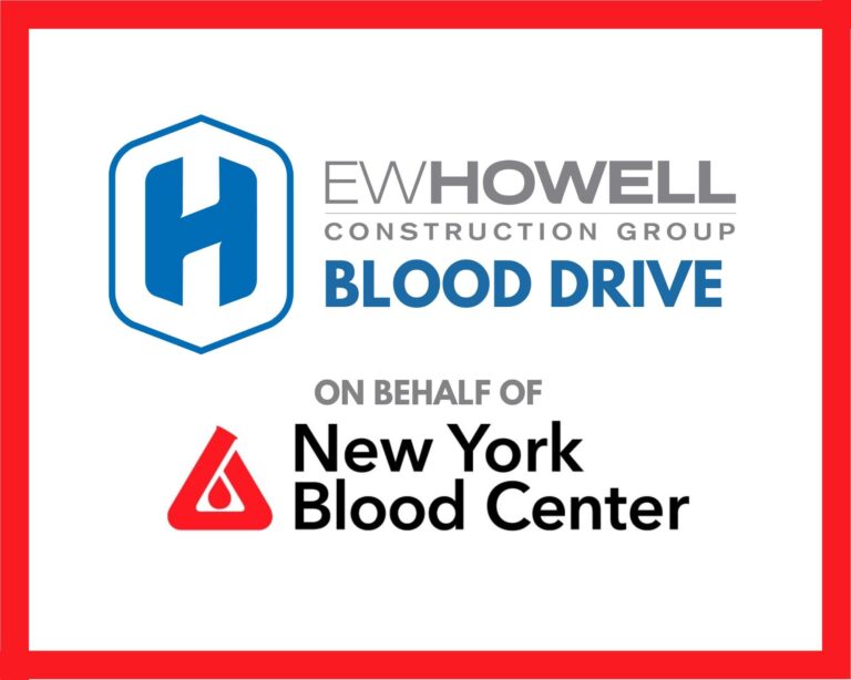Logo for EW Howell Construction Group Blood Drive with blue “H” symbol, and text “On behalf of New York Blood Center” with the New York Blood Center’s red drop logo, all within a red border.