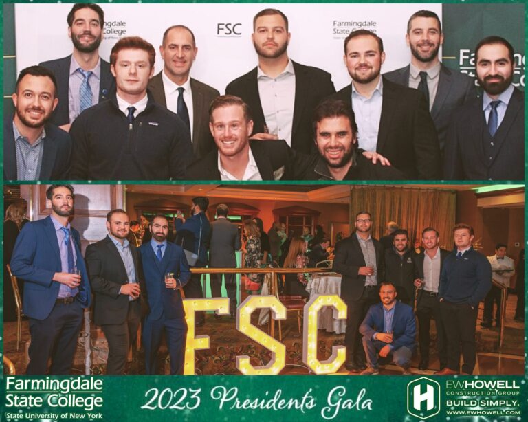 A group of men in suits pose together at the Farmingdale State College 2023 Presidents Gala, standing and smiling near a large light-up "FSC" sign, with event banners in the background.