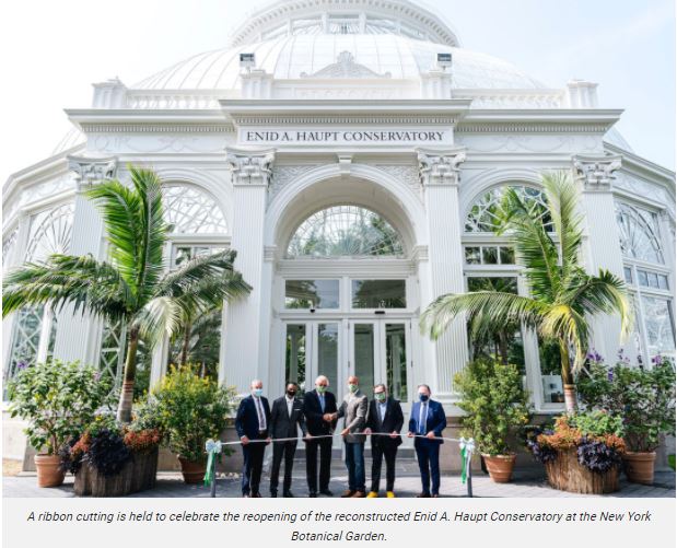 Six people in business attire, wearing masks, stand in front of the Enid A. Haupt Conservatory at the New York Botanical Garden, holding a ribbon for a reopening ceremony. Tall palm plants are on either side of the entrance.
