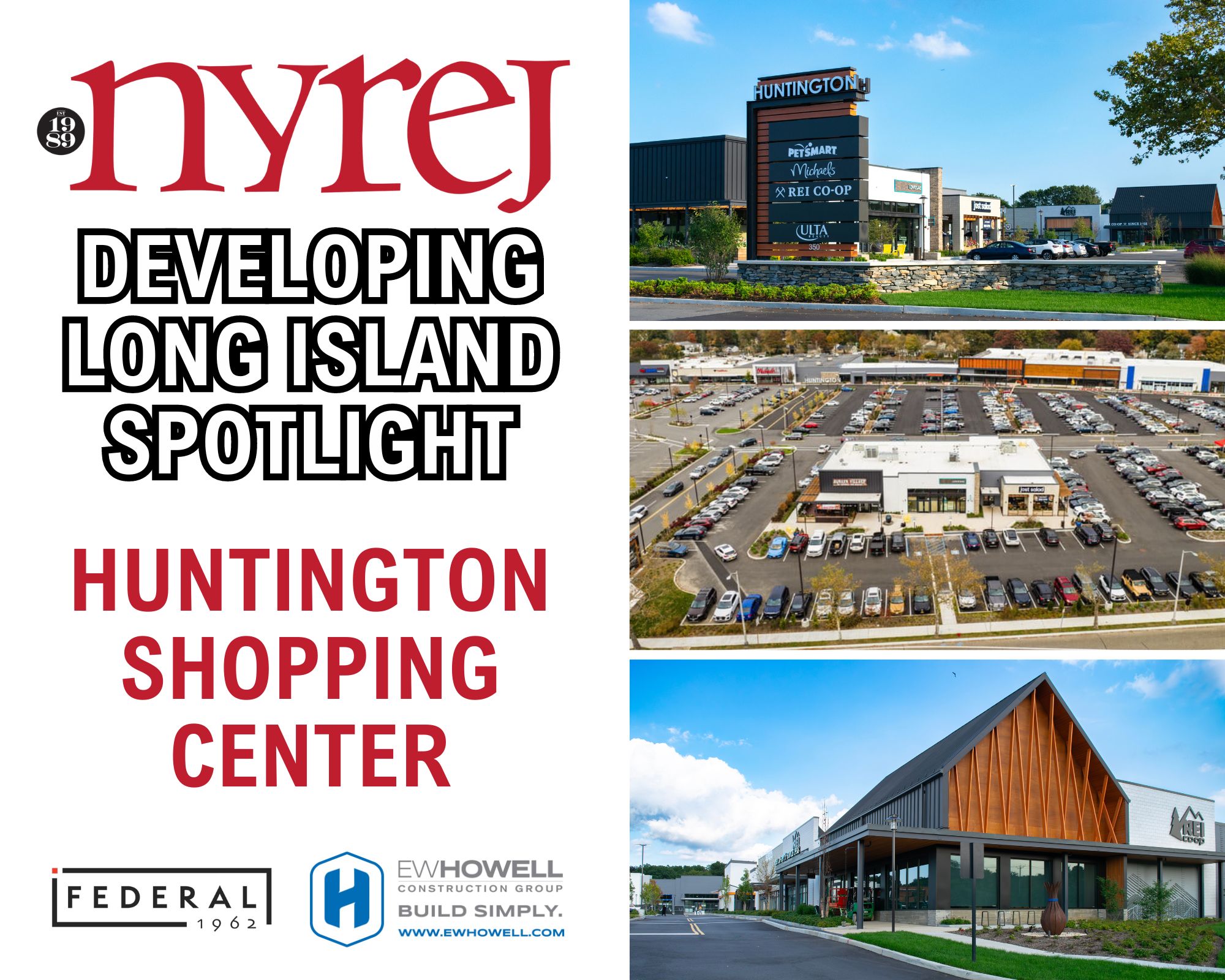 Promotional graphic for Huntington Shopping Center featuring logos and three photos: a shopping center sign, an aerial view of a parking lot, and a storefront with modern architecture under blue skies.