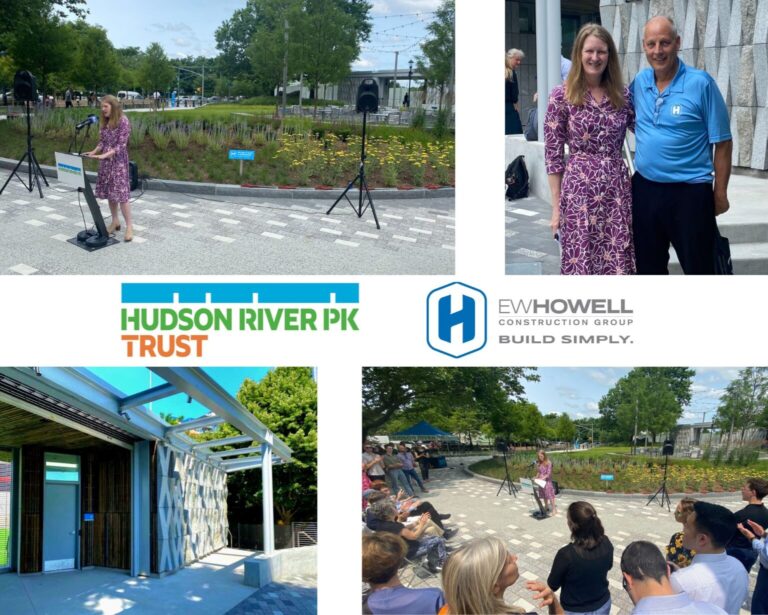 A collage shows a woman speaking at an outdoor podium, groups of people at an event in a park, two people posing together, and logos for "Hudson River Park Trust" and "EW Howell Construction Group.