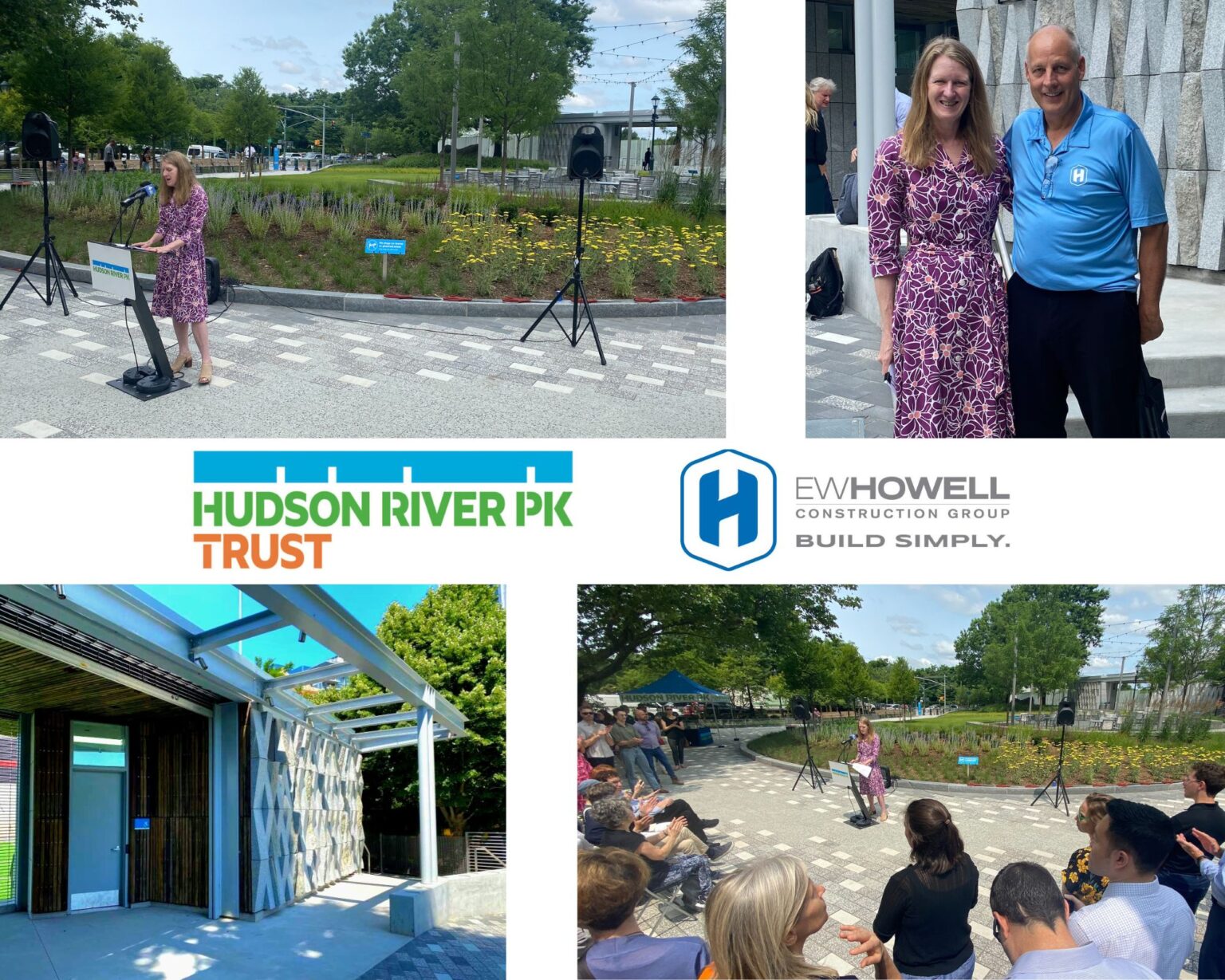 A collage shows a woman speaking at an outdoor podium, groups of people at an event in a park, two people posing together, and logos for "Hudson River Park Trust" and "EW Howell Construction Group.