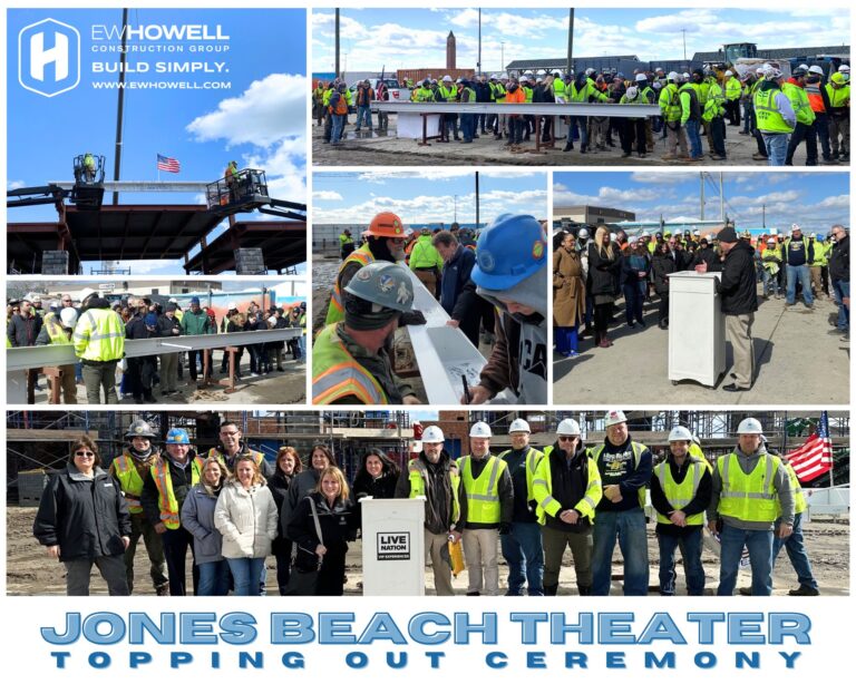 A collage shows construction workers at Jones Beach Theater’s topping out ceremony. Images include workers signing a beam, a crowd listening to a speaker, a crane lifting steel, and group photos of crews in safety gear outdoors.