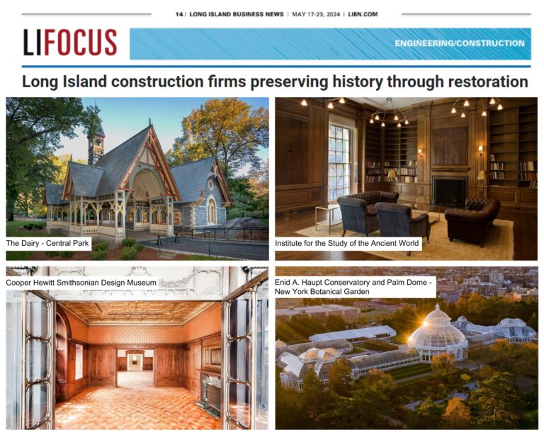 A magazine page titled “LIFOCUS” shows restored historic buildings: The Dairy in Central Park, a wood-paneled library, a museum interior with ornate ceiling, and the Enid A. Haupt Conservatory and Palm Dome at NY Botanical Garden.