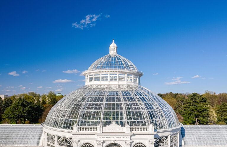 A large glass dome conservatory with intricate white framework stands against a bright blue sky, surrounded by trees and greenery.