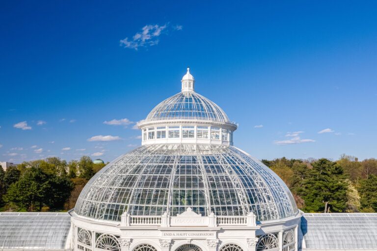 A large glass conservatory dome, labeled "Enid A. Haupt Conservatory," stands beneath a clear blue sky, surrounded by green trees and foliage.