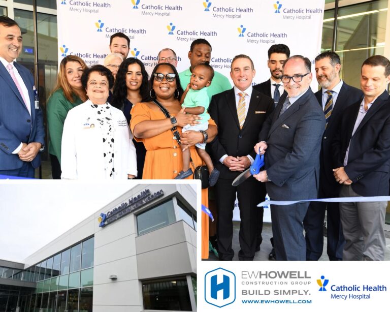 A diverse group poses at a ribbon-cutting event for Catholic Health Mercy Hospital, with a backdrop displaying the hospital logo. Inset: exterior view of the hospital and an EW Howell Construction Group logo.