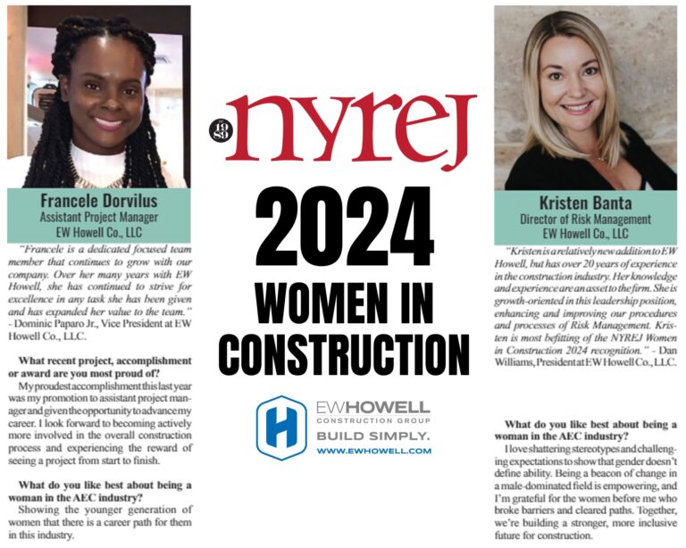 A magazine feature titled "2024 Women in Construction" highlights Francele Dorvilus and Kristen Banta of EW Howell, with their portraits, job titles, biographies, and a logo of EW Howell Construction Group.
