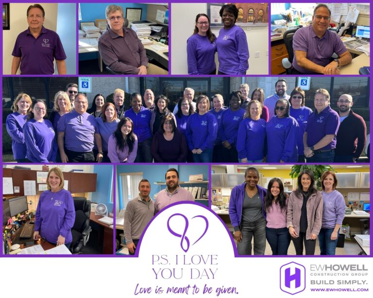 Collage of office staff wearing purple shirts for "P.S. I Love You Day." Group and individual photos are shown, with "Love is meant to be given" and the EW Howell Construction Group logo at the bottom.
