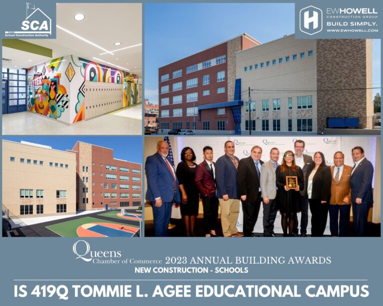 A collage shows a colorful mural in a hallway, exterior shots of a modern school building, and a group of people posing with an award. Text highlights the 2023 Building Award for IS 419Q Tommie L. Agee Educational Campus.