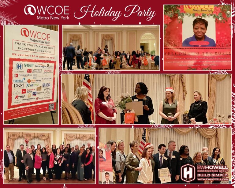 A collage of photos from the WCOE Metro New York Holiday Party shows guests mingling, group photos, a sponsor board, an award presentation, and festive decorations in an elegant banquet hall.