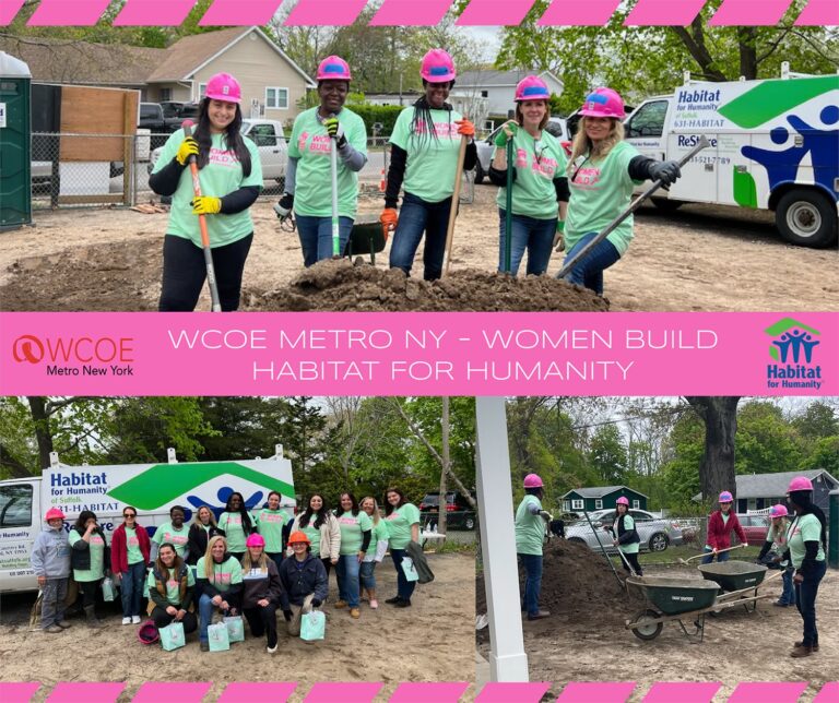 A group of women in pink hard hats and green t-shirts work together at a construction site, shoveling dirt and using wheelbarrows, with Habitat for Humanity banners and a trailer in the background. Text reads: "WCOE Metro NY - Women Build Habitat for Humanity.