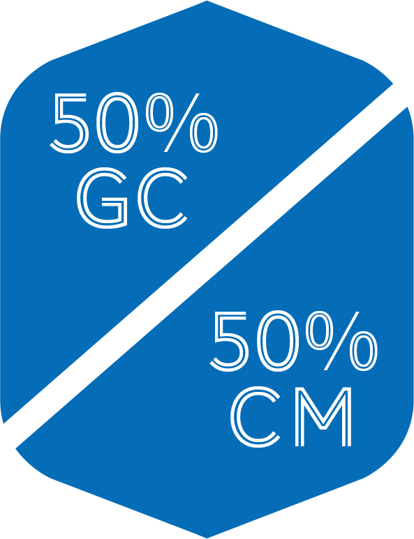50% GC 50% CM badge